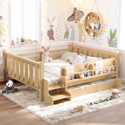 Grand lit au sol avec bibliothèques et tiroirs de rangement, lit en bois massif pour enfants avec de jolis escaliers et garde-corps, aucun sommier nécessaire, naturel clair