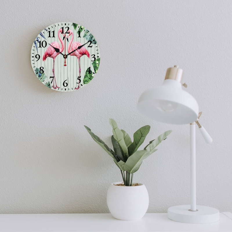 Horloge murale 12 po x 12 po Pink Flamingo Tropical