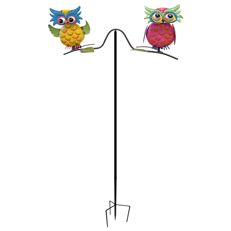Colorful Enameled Metal Double Owl Balancing Garden Stake