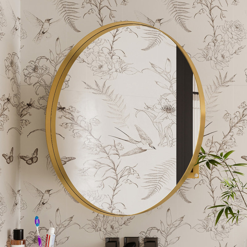 Miroir mural rond avec tablettes réglables, Doré