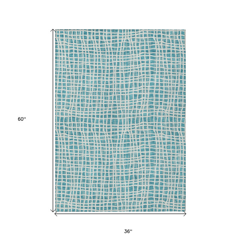 3' X 5' Teal Blue And Ivory Striped Washable Indoor Outdoor Area Rug