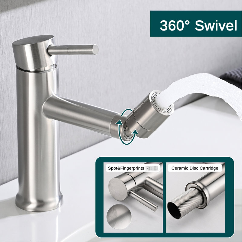 Robinet à 2 modes pour lavabo de salle de bain, nickel brossé, aérateur rotatif à 360 °, acier inoxydable avec réglage de débit,