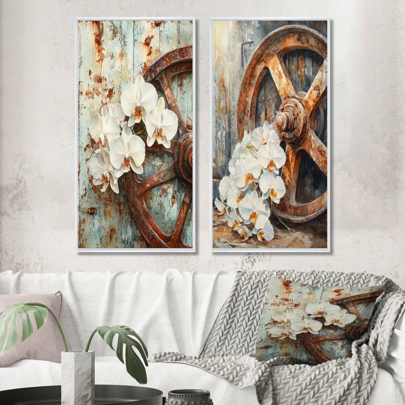 Orchidées par la roue du chariot I - Collection de 2 panneaux de toiles florales, H 32 po x l 33 po, Cadre flottant blanc