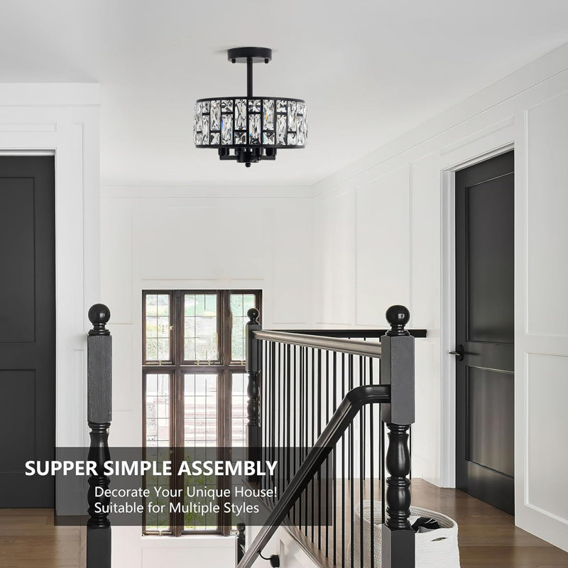 Modern Matte Black Crystal Semi Flush Mount Ceiling Light