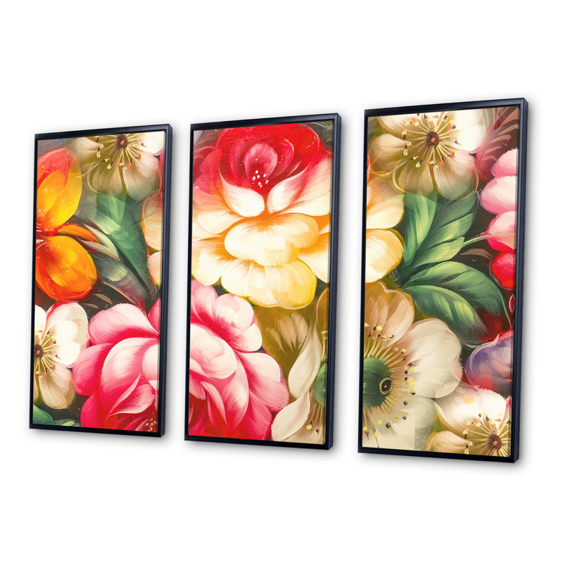 Fleurs jaunes et rouges rétro - ensemble d'art mural sur toile traditionnel encadré de 3, H 28 po x l 36 po x P 1 po, Noir