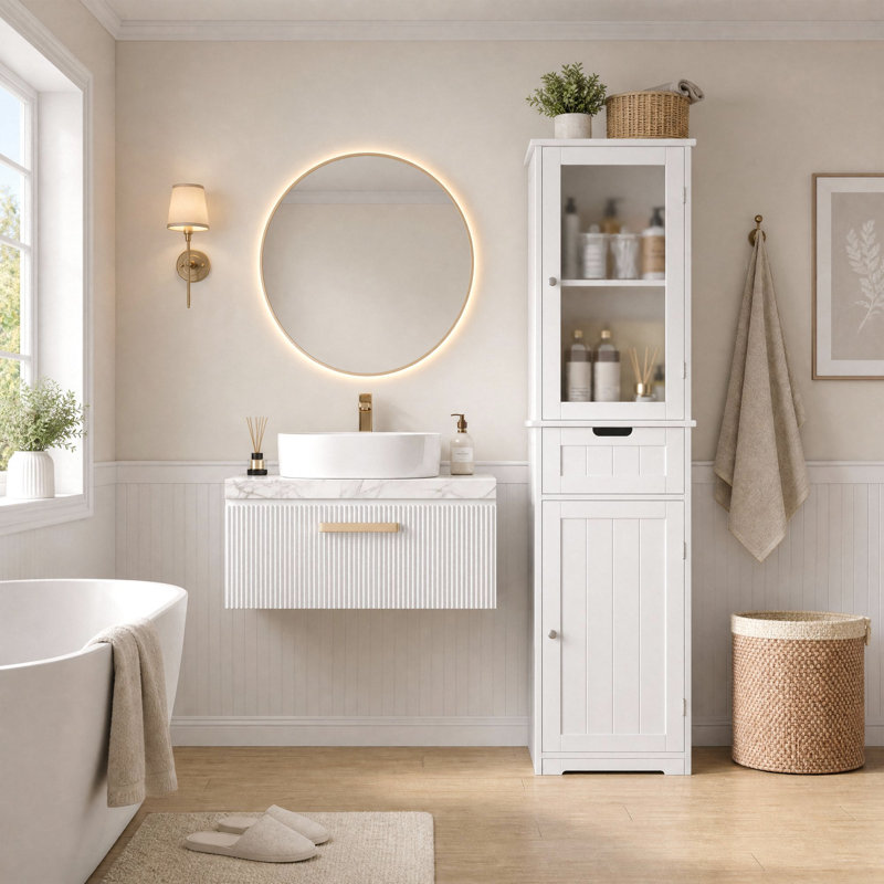 2Pcs Freestanding Linen Cabinet, White