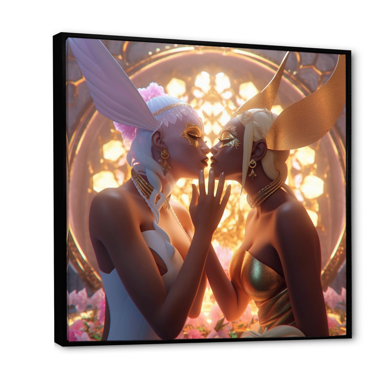 " Goddess Couple Divine Kissing I ", Black Floater Frame, 16" H x 16" W x 1" D