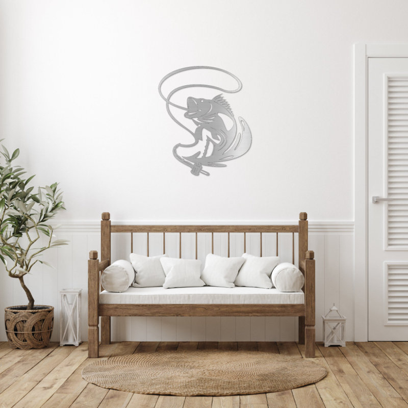 Art mural en métal sautant le doré jaune - pêche à la faune - silhouette de poisson doré, H 23 po x l 18 po x P 0,12 po