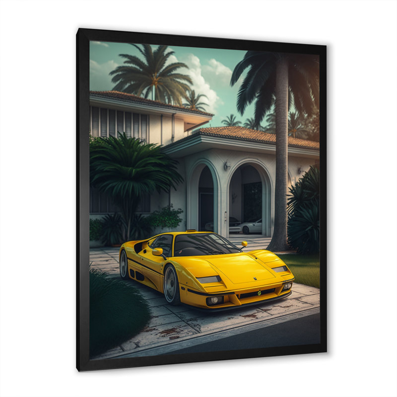 Jaune et gris, course de voiture Elegance II - voiture exotique, reproduction sur toile, H 20 po x l 12 po, Cadre photo noir