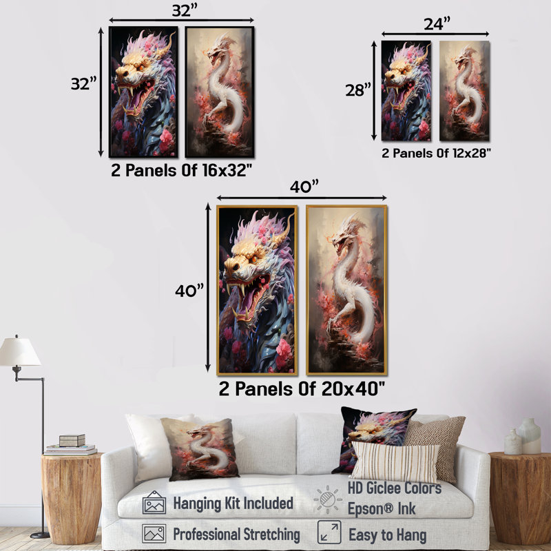 «China Dragon Dance I», ensemble de 2 reproductions d'art mural chinois, Toile tendue, H 32 po x l 33 po
