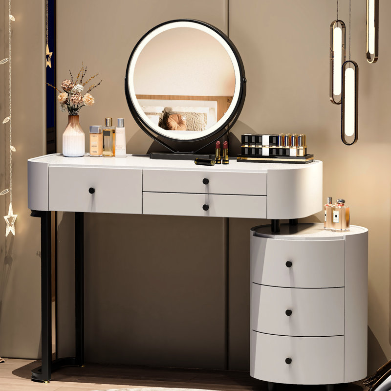 Coiffeuse moderne avec miroir détachable, éclairage tricolore pour une visibilité claire, rangement à trois tiroirs sur le côté principal et latéral, chambre à coucher réversible, aménagement ajustable à la chambre à coucher, blanc