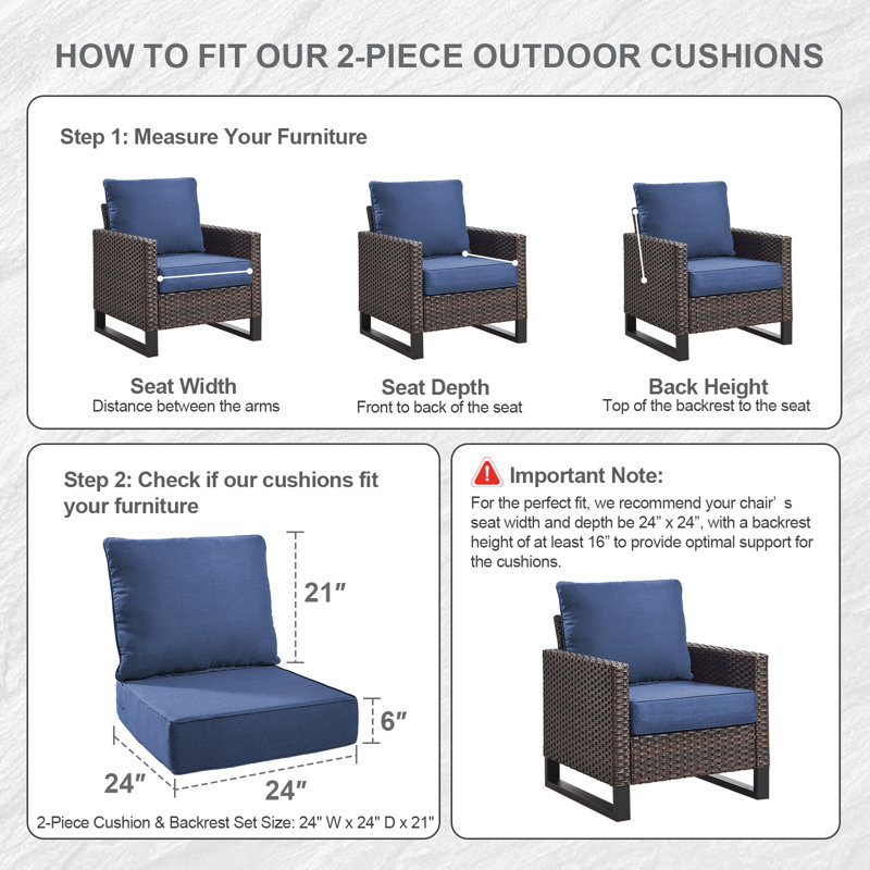 Allo 24"X24"X6" Thick Cushions & Pillows Set - Deep Seat Indoor/Outdoor Water & Fade Resistant, 2, Blue
