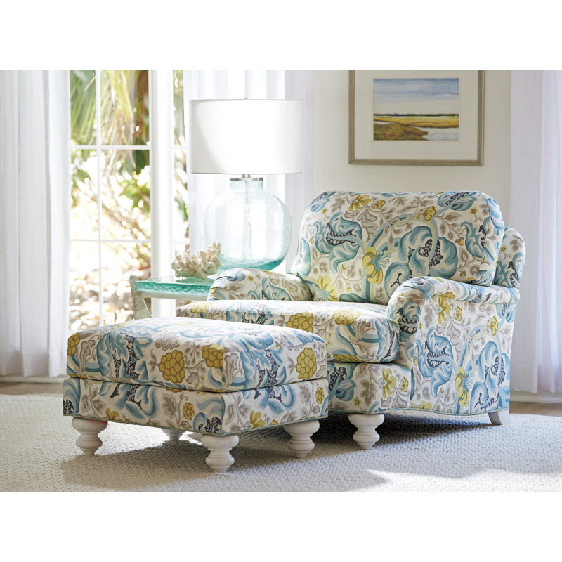 Seashell White Gilmore Solid Wood Ottoman with Cotton Blend Upholstery