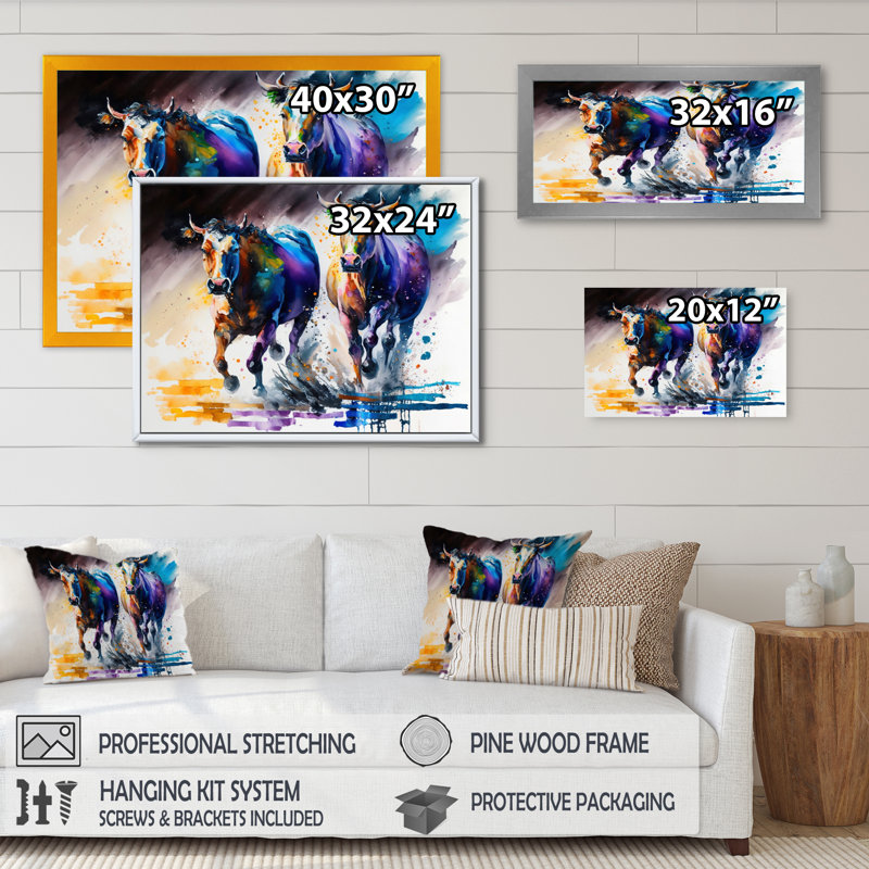 " Cows Running I ", Black Picture Framed Canvas, 20" W x 12" H