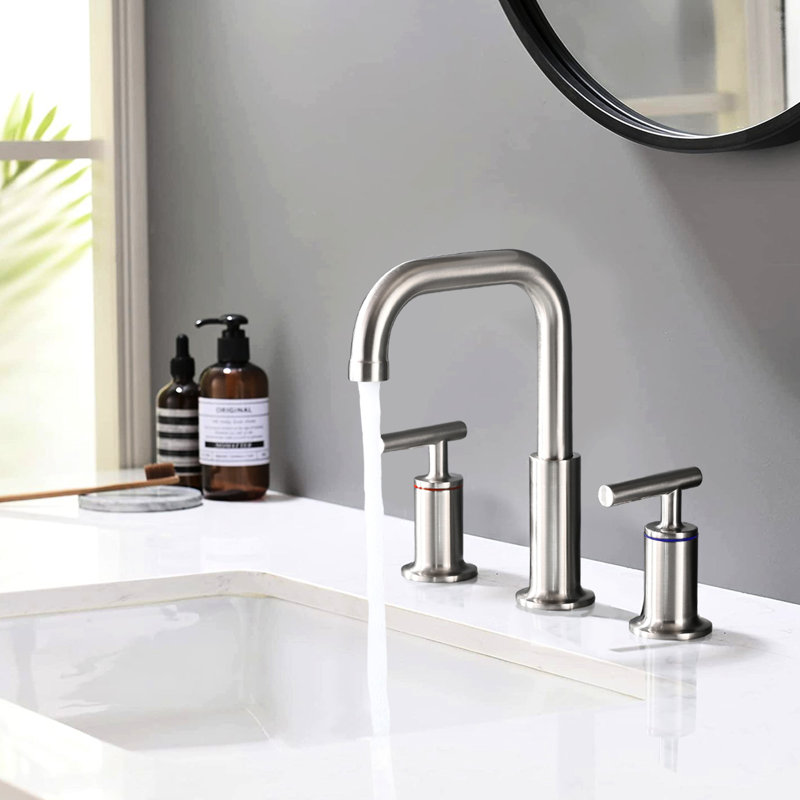 Bathroom Faucet In Brushed Nickel - 8 In. Widespread, Lever Handle, Ceramic Disc Valves, Soft Water Flow, Pop Up Drain Solid Brass, 360 Swivel, Drip- Splash Spout,