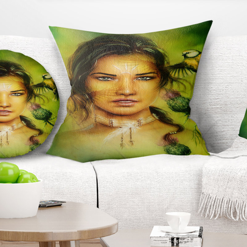 Oreiller en femme indienne avec oiseaux, 16 po x 1 po, Coussin décoratif