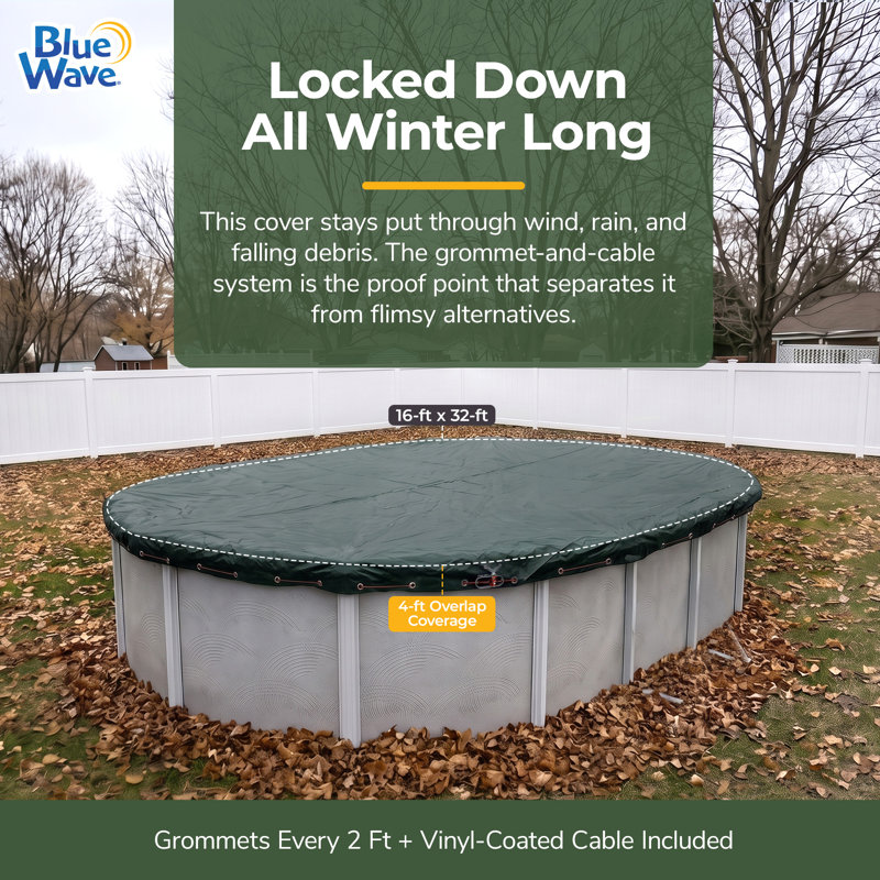 Blue Wave Arctic Armor 16-ft x 32-ft Oval Above Ground Pool Winter Cover, Heavy Duty Solid Cover with 10x12 Scrim Polyethylene, 4-ft Overlap, Aluminum Grommets, Cable and Winch, 12-Year Limited Warranty