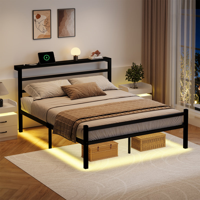 Bed Frame with LED Headboard Shelf, Bed Frame with Charging Station, Heavy Duty Steel Slats, Queen
