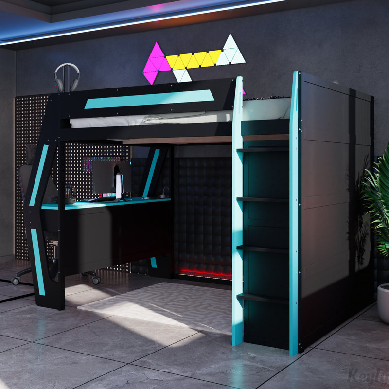 Lit mezzanine avec bureau Gaming, lumières RVB, USB et rangement pour escalier, Black+Blue