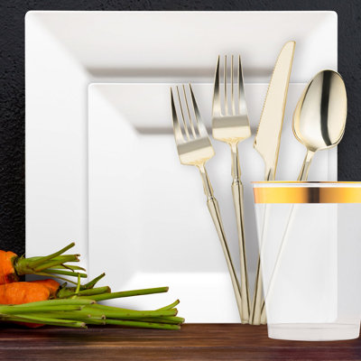 White Square Disposable Plastic Tableware Set - 120 Settings