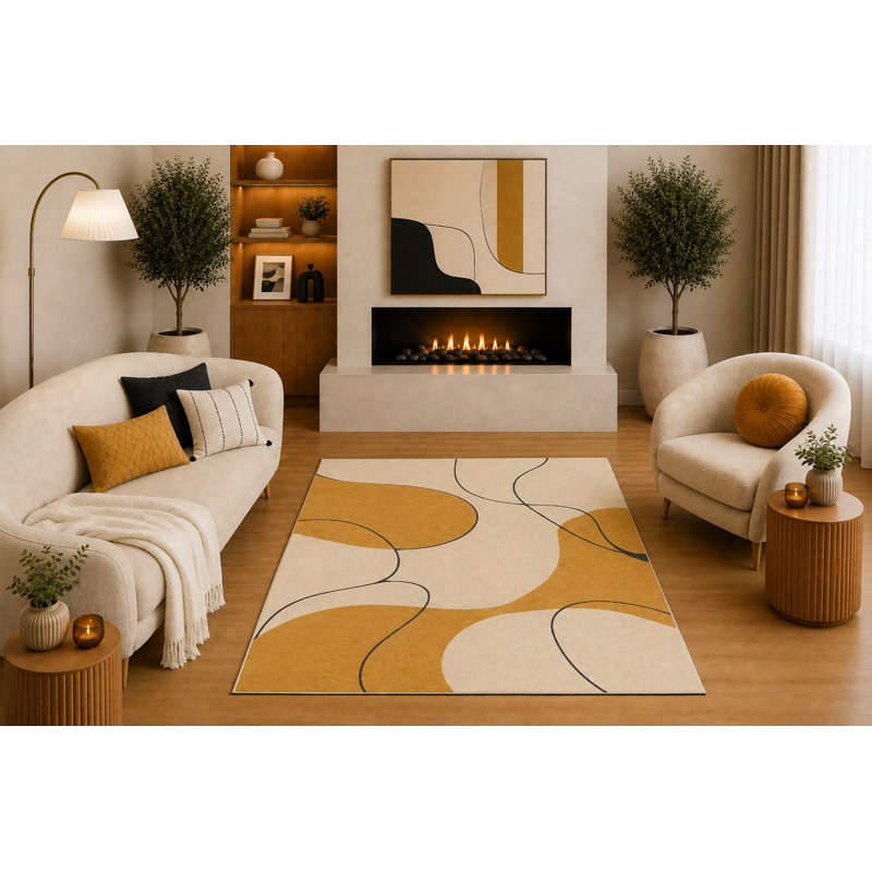 Tapis géométrique abstrait en feuille de pêche lavande moutarde à motif géométrique abstrait 5 pi x 7 pi «Ultra Léger»