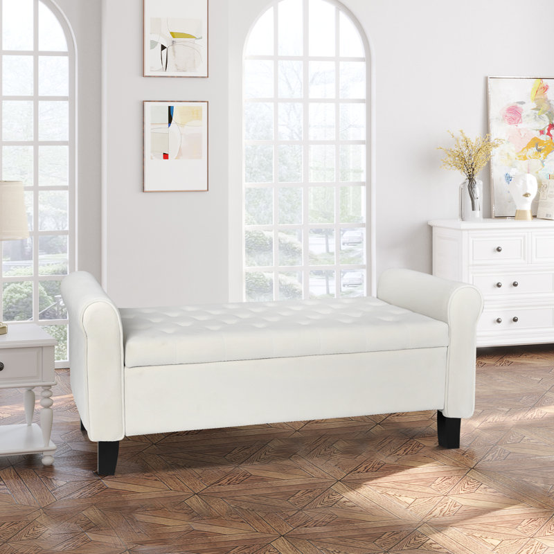Upholstered Storage Bench End of Bed, Beige, Velvet