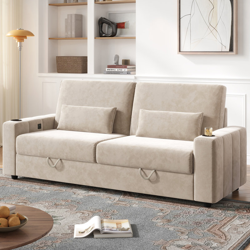 Canapé de 88 po à accoudoirs carrés en velours avec rangement, siège profond avec ports de chargement USB et porte-gobelets