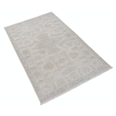 Tapis beige en laine noué à la main 3 pi x 5 pi avec motif floral beige