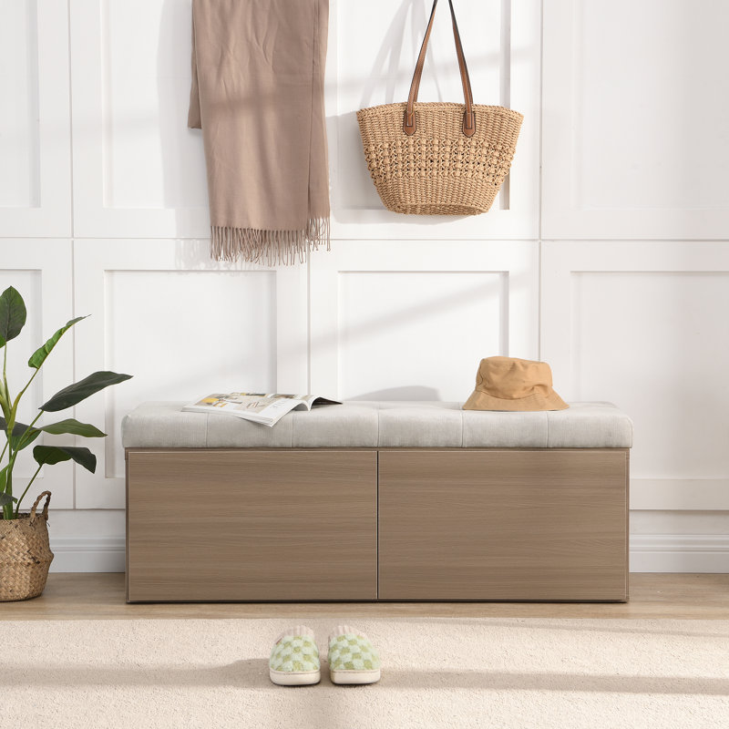  Banc de rangement 49 po, repose-pieds avec tablettes réglables, siège rembourré et portes doubles , Gris / Chêne