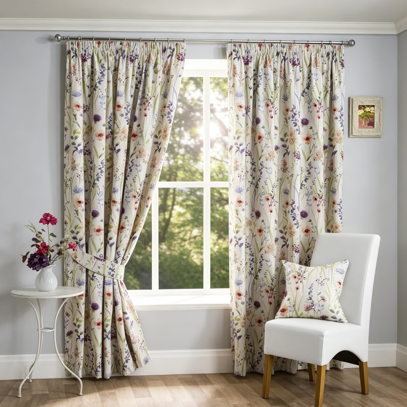 2 Panels Floral Fully Lined Curtains Pencil Pleat 137 x 168 cm