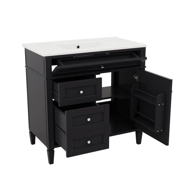 Meuble-lavabo contemporain de 36 po avec lavabo à montage sur le dessus et armoire de rangement contemporaine comprenant 2 tiroirs