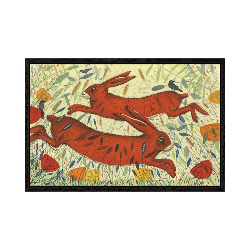 Hares & Crow by Michelle Campbell - Floater Frame Print on Canvas, 152.5 cm H x 101.5 cm W, Black Framed Canvas