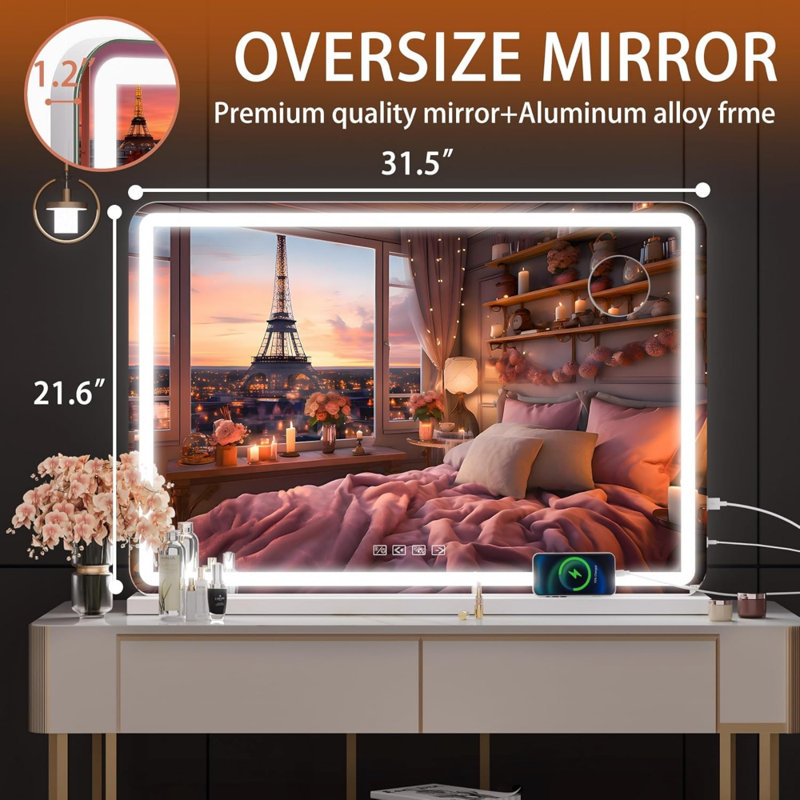 Miroir de salle de bain 32 po x 21,7 po à DEL avec haut-parleur Bluetooth, port de charge USB, 3 modes de couleur à intensité variable, écran tactile, finition blanche