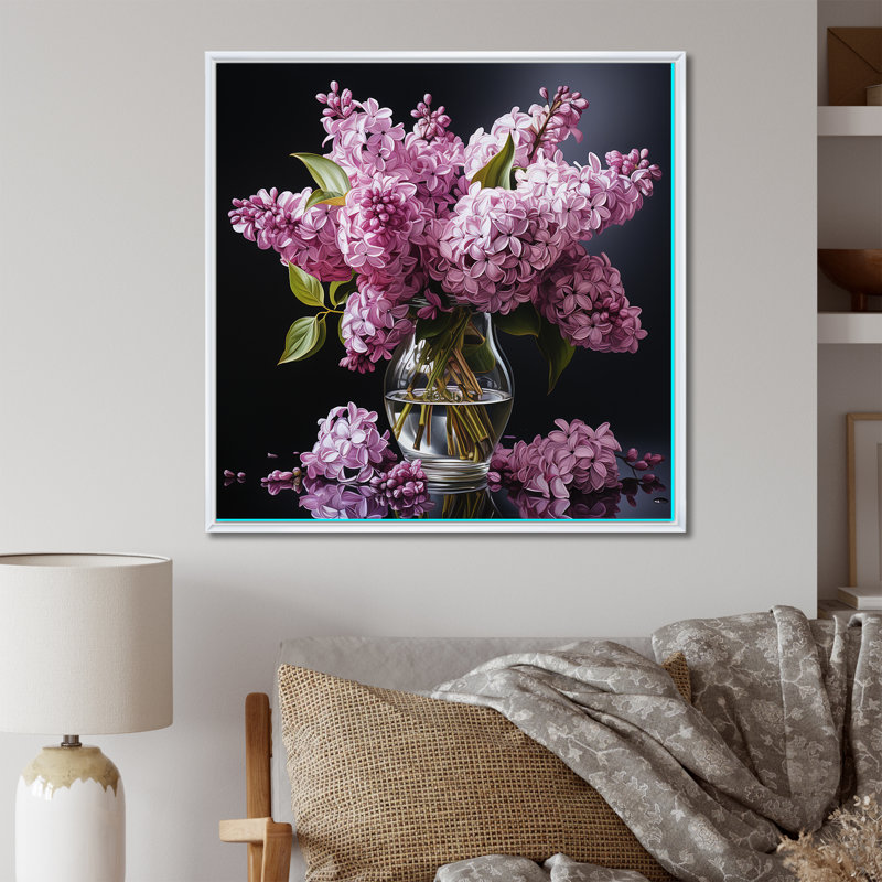 Élégant vase à bouquet de lilas, Cadre flottant blanc, H 30 po x l 30 po x P 1 po