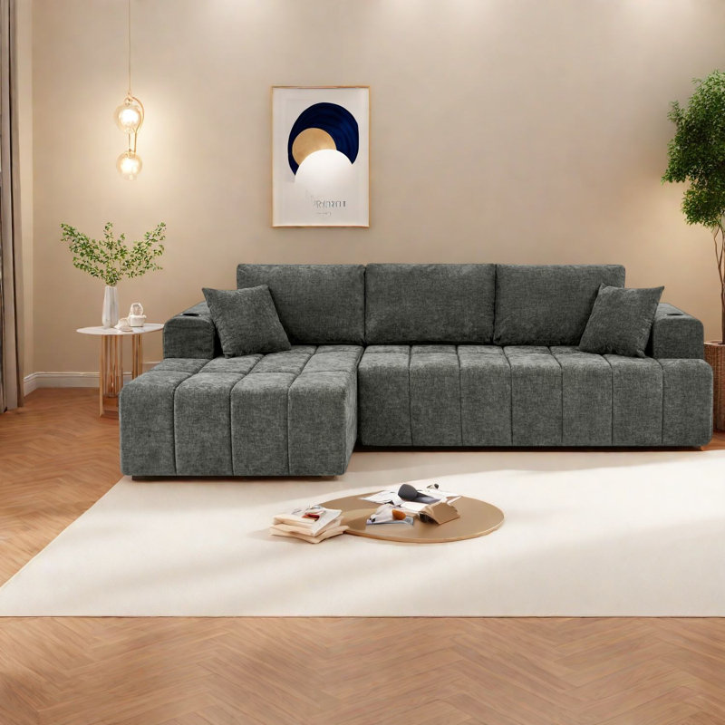 Canapé d'angle à compression, canapé d'angle en chenille de 274 cm avec méridienne, gris foncé, Gris 2