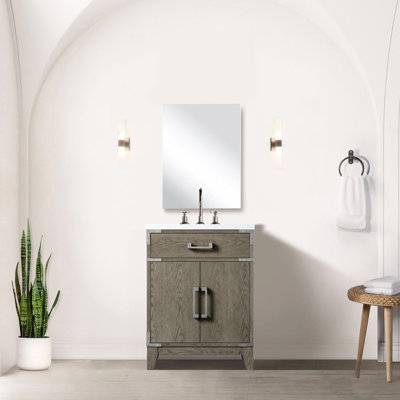 Meuble-lavabo en chêne gris 61 x 46 cm, plateau en acrylique et miroir de 46 cm - Fermeture amortie, grand espace de rangement intérieur 61 x 46 cm.
