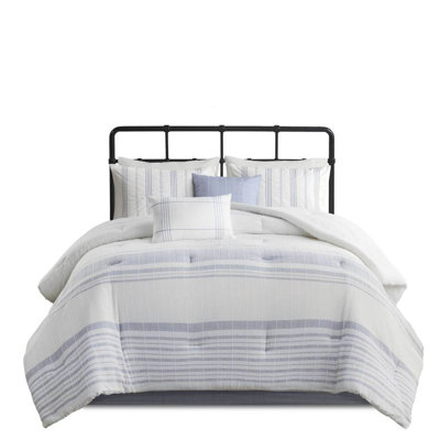 6 Piece Cotton Oversized Bedding - King, Filled Comforter, Modern Textured Design, King , , Woven Stripes Comforter With Filling, Decorative Pillows