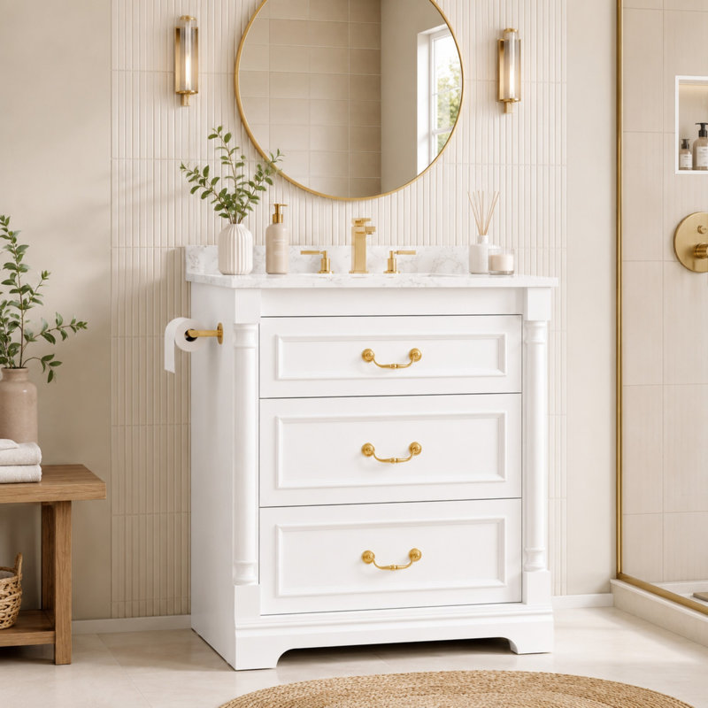Meuble-lavabo autoportant 30 po avec comptoir, meuble de rangement avec tiroirs et support latéral 30 po, Blanc