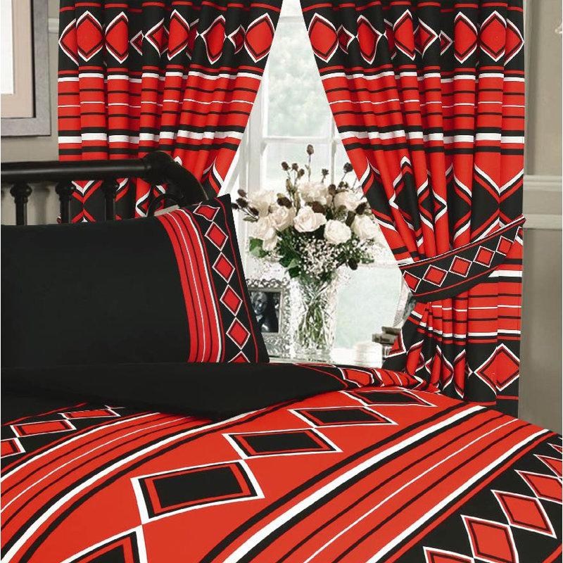 MENONLY Rizzo Pencil Pleat Semi Sheer Curtains, Black/Red