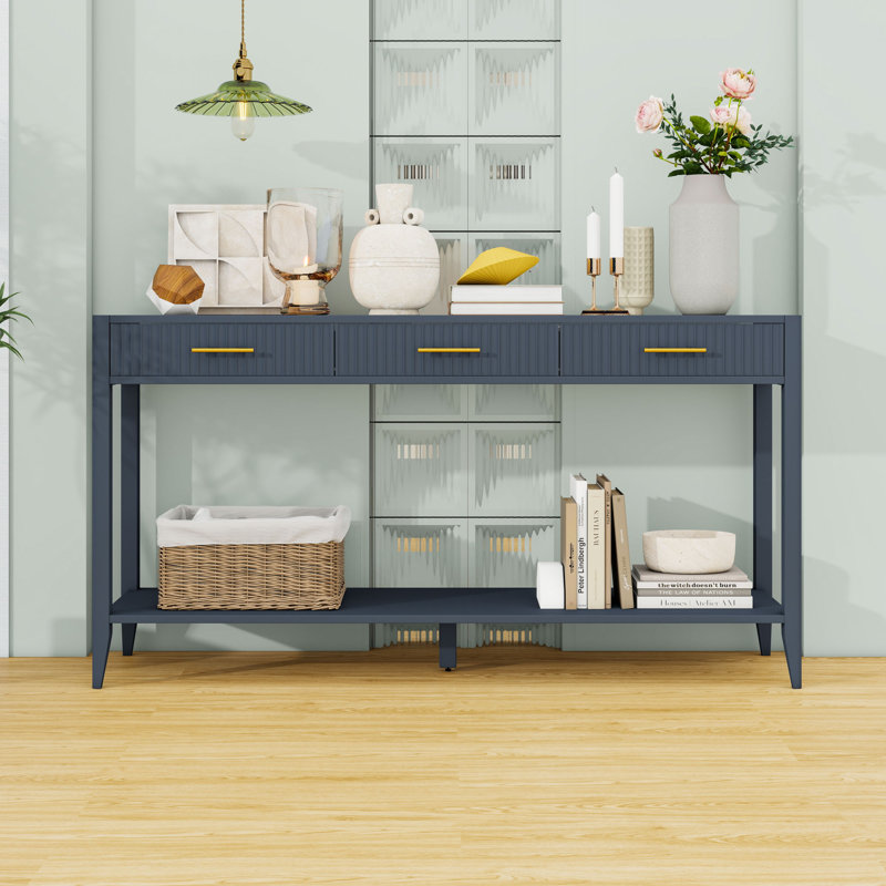 Console en bois avec 3 tiroirs et tablette de rangement, Marine