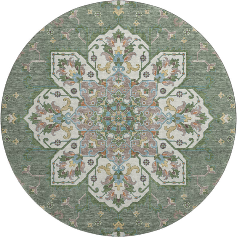 Premium Machine Washable Mayfield AMF2194 global Rug, 8' Round, Green