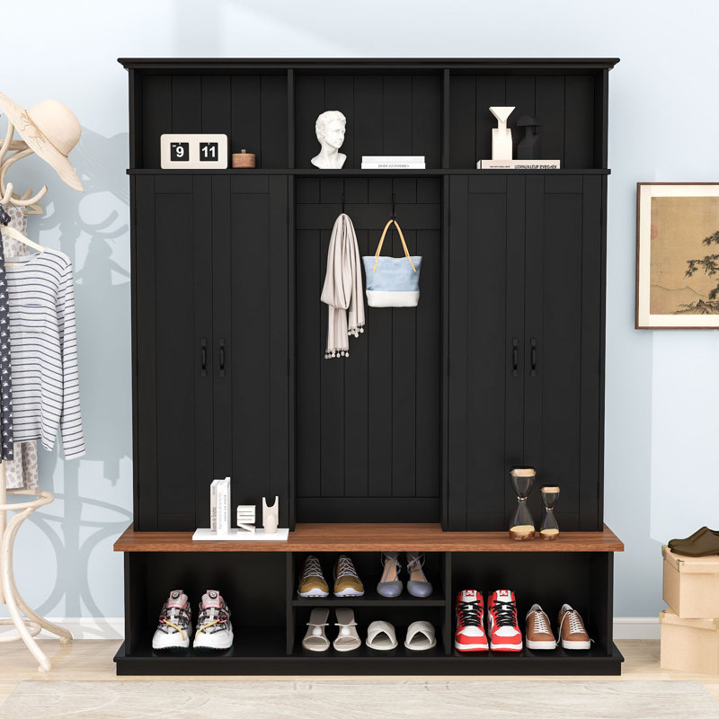 Farmhouse Hall Tree with Bench, 6 Hooks, Cabinets and Bottom Shoe Storage, Black