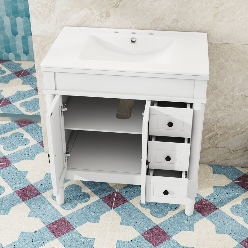 Meuble-lavabo de salle de bain avec lavabo en céramique, portes à fermeture douce, 3 tiroirs et tablette réglable, Blanc