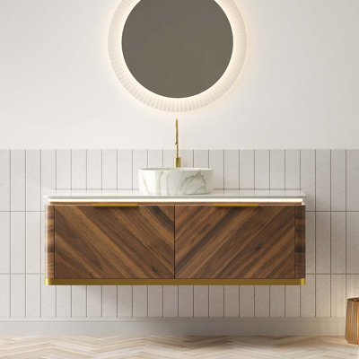 Meuble-lavabo de salle de bain, armoire de rangement en contreplaqué flottant avec capteur de lumière, tiroir, vasque ronde en céramique à motif de pierre et plateau en pierre frittée, pré-assemblé