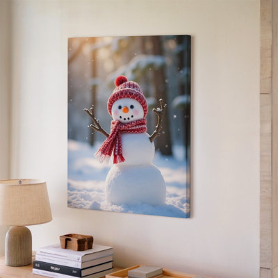 Canvas A Cheerful Snowman Stands In A Snowy Landscape Adorned With Wall Art A Bright Red Knitted Hat Featuring A Pom Pom And Bringing Canvas Wall Art