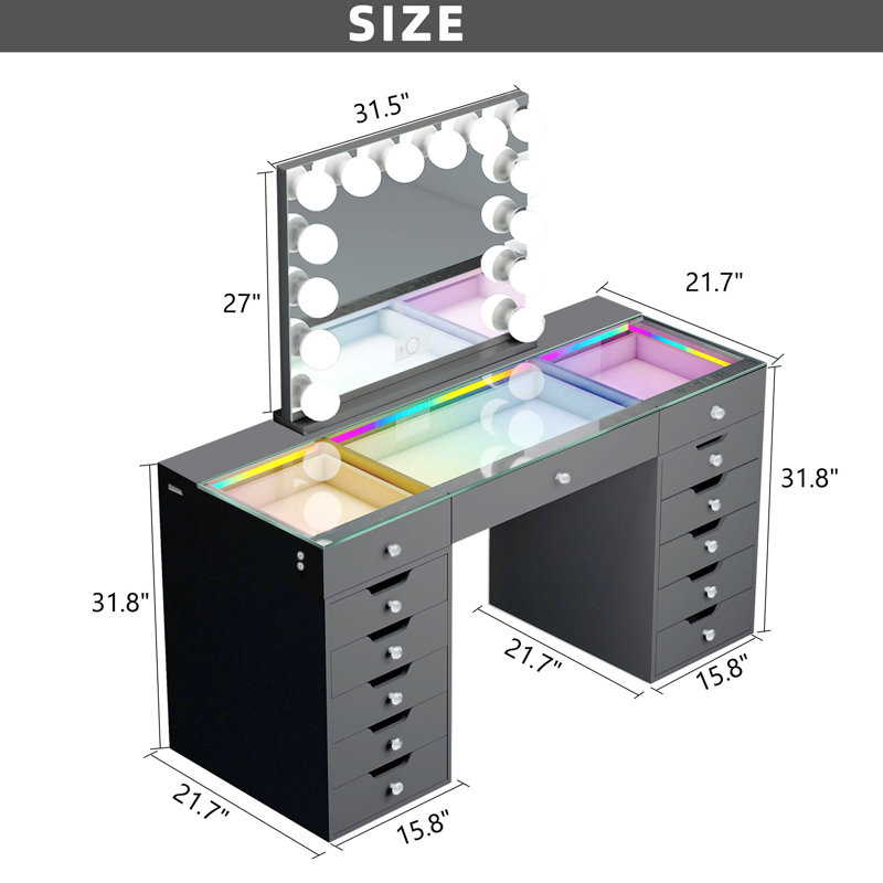 Ensemble de meuble-lavabo avec miroir à DEL et plateau en verre HD avec bandes lumineuses à DEL RVB intégrées 13 grands tiroirs