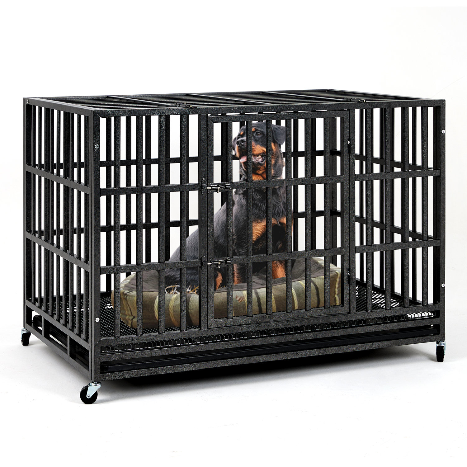 Tucker Murphy Pet™ 48 Inch Heavy Duty Indestructible Dog Crate Steel Escape  Proof, Indoor Double Door High Anxiety Cage, Kennel With Wheels, Removable 