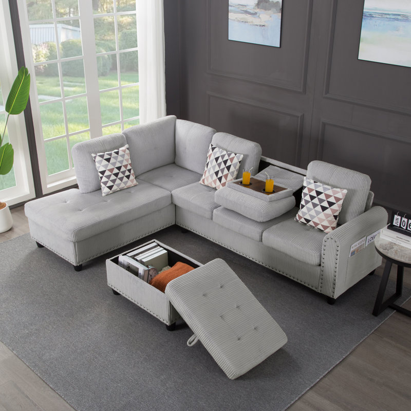 3 - Piece Upholstered Sectional, Light Gray Corduroy