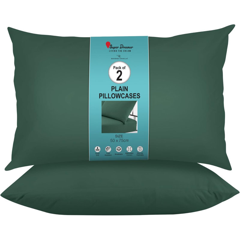 Super Dreamer Solid Colour Pillowcases 2 Pair 50x75Cm - Polyester Fabric Machine Washable High Quality Yarn, Dark Green