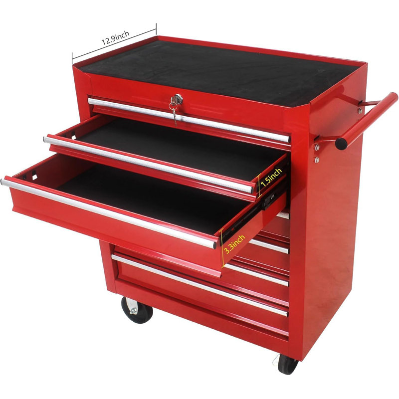 Coffre à outils, coffre à outils roulant 7 tiroirs avec système de verrouillage et plateau amovible, Rouge